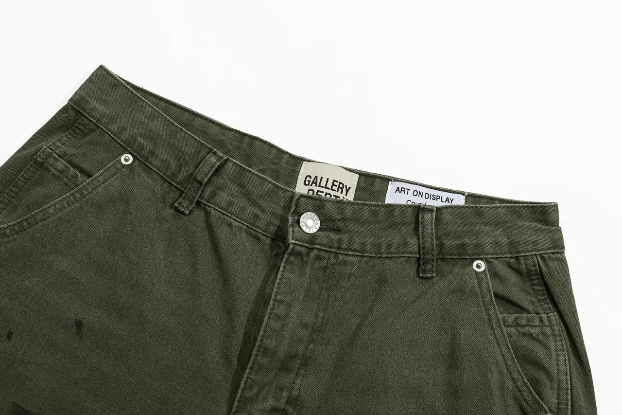 p260 (detail picture) 637#Gallery Dept New style splashed ink and paint washed military green splicing bootcut jeans olive green overalls jeans versatile casual pants washed olive green S~XL